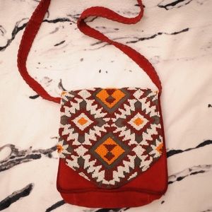 Red Vintage leather tribal print beaded purse